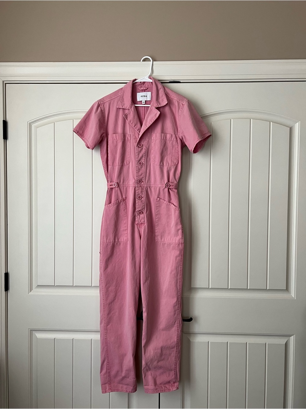 Pistola Pink Short-Sleeve Cotton Twill Grover Utility Jumpsuit